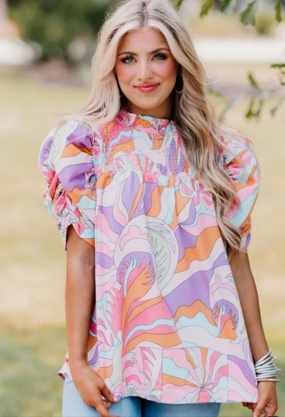 Smocked Puff Sleeve Floral-Print Blouse - Pink / Orange / Lavender